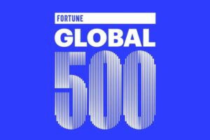 Fortune Global 500 graphic on a blue background marking Coupang’s debut on the list